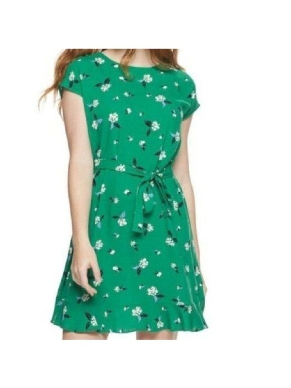 Popsugar Womens Green Floral Print Short Sleeve Tie Waist Dress XS